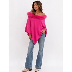 OO LALA Cashmere Poncho O/S Hot Pink Faux Fur Trim Off Shoulder Wrap